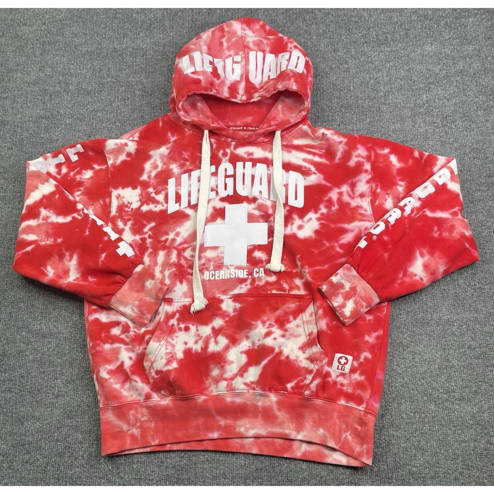 Lifeguard Hoodie Unisex Medium Red Tie Dye Oceanside CA Graphic Pullover Sweater
